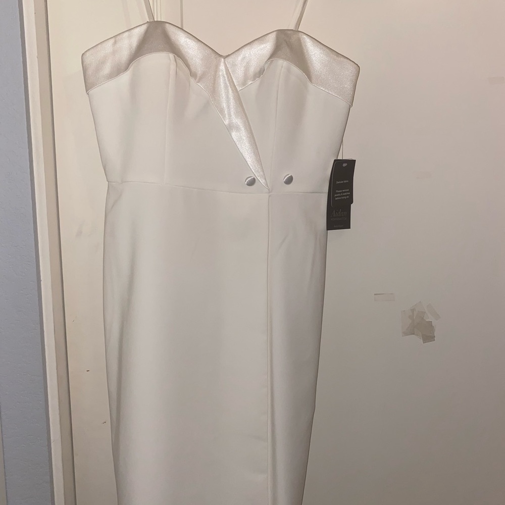 This is a new Aidan Mattox white tuxedo dress